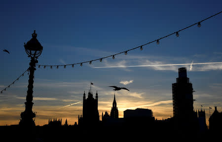 The sun sets behind the Houses of Parliament in Westminster London, Britain, December 13, 2018. REUTERS/Toby Melville