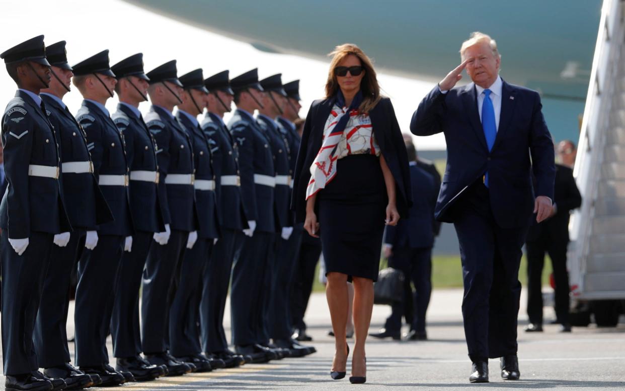 US President Donald Trump and First Lady Melania Trump arrive for their state visit to Britain, at Stansted Airport near London, UK, June 3, 2019. - REUTERS