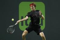 Mar 29, 2018; Key Biscayne, FL, USA; Alexander Zverev of Germany hits a forehand against Borna Coric of Croatia (not pictured) on day ten of the Miami Open at Tennis Center at Crandon Park. Mandatory Credit: Geoff Burke-USA TODAY Sports