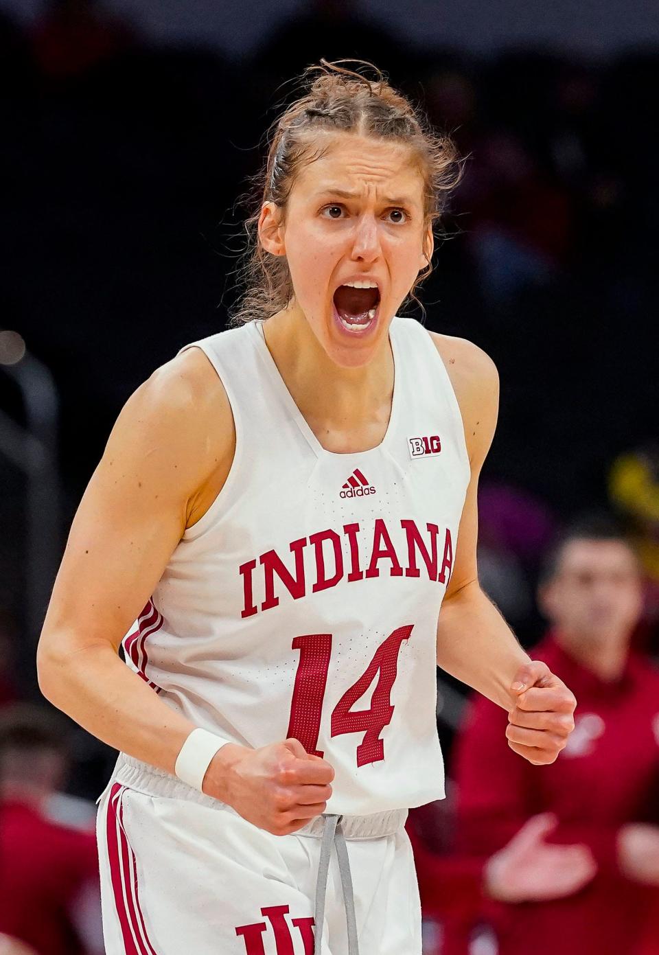 Indiana Hoosiers guard Ali Patberg (14) yells in excitement during the game against the Rutgers Scarlet Knights on Thursday, March. 3, 2022, at Gainbridge Fieldhouse in Indianapolis. Indiana Hoosiers defeated the Rutgers Scarlet Knights, 66-54.