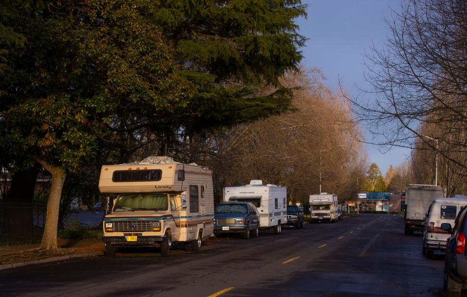 Campers line a street in the Gateway area of Springfield in March.