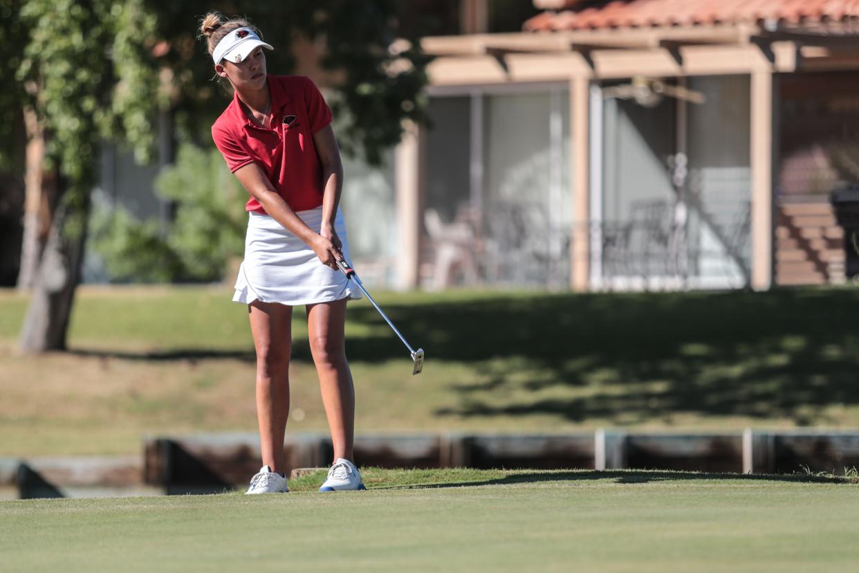 Palm Desert High's Avalon Woodward, on 7 at the Westin Mission Hills Pete Dye Course on Thursday, October 18, 2018 during the Desert Empire League Individual finals in Rancho Mirage.  