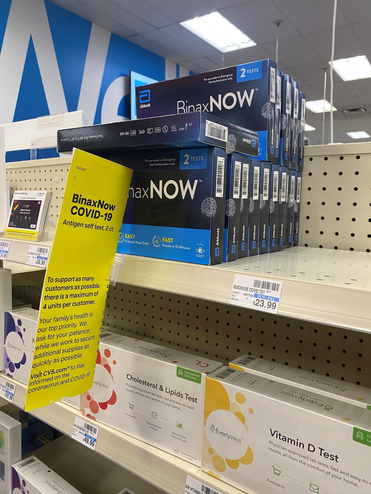 A CVS store in Canton had 17 boxes of the BinaxNOW at-home coronavirus tests on its shelves on Oct. 15, 2021. The tests were selling for $23.99 a piece. But the store was completely sold out of Quidel Quickvue Rapid COVID-19 Antigen self-tests.