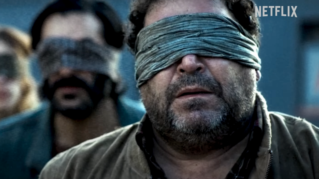  Bird Box Barcelona still image showing people in blindfolds 