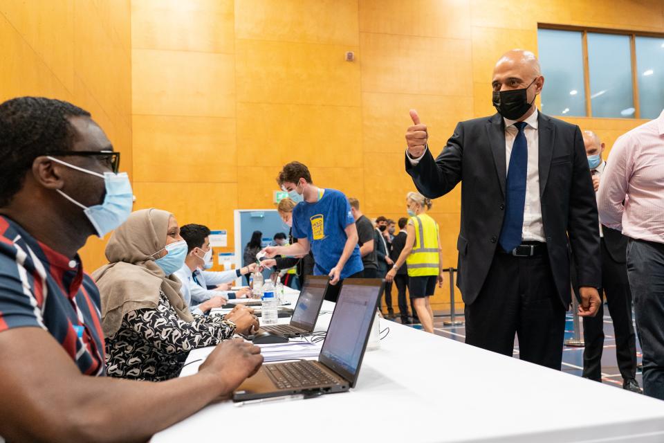 Sajid Javid at a pop-up vaccination site in London (Dominic Lipinski/PA) (PA Wire)