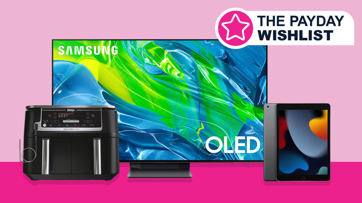  An iPad 10.1, Ninja air fryer and Samsung OLED TV on a pink background 