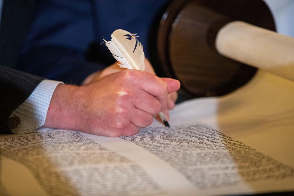 The final scribing of the new Torah Scroll for Chabad Lubavitch of the Panhandle, FSU was done inside the Florida Historic Capitol building on Tuesday, Oct. 10, 2023.