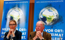 Alice Weidel (L) and Alexander Gauland of the anti-immigration party Alternative for Germany (AFD) address a news conference in Berlin, Germany August 21, 2017. REUTERS/Fabrizio Bensch