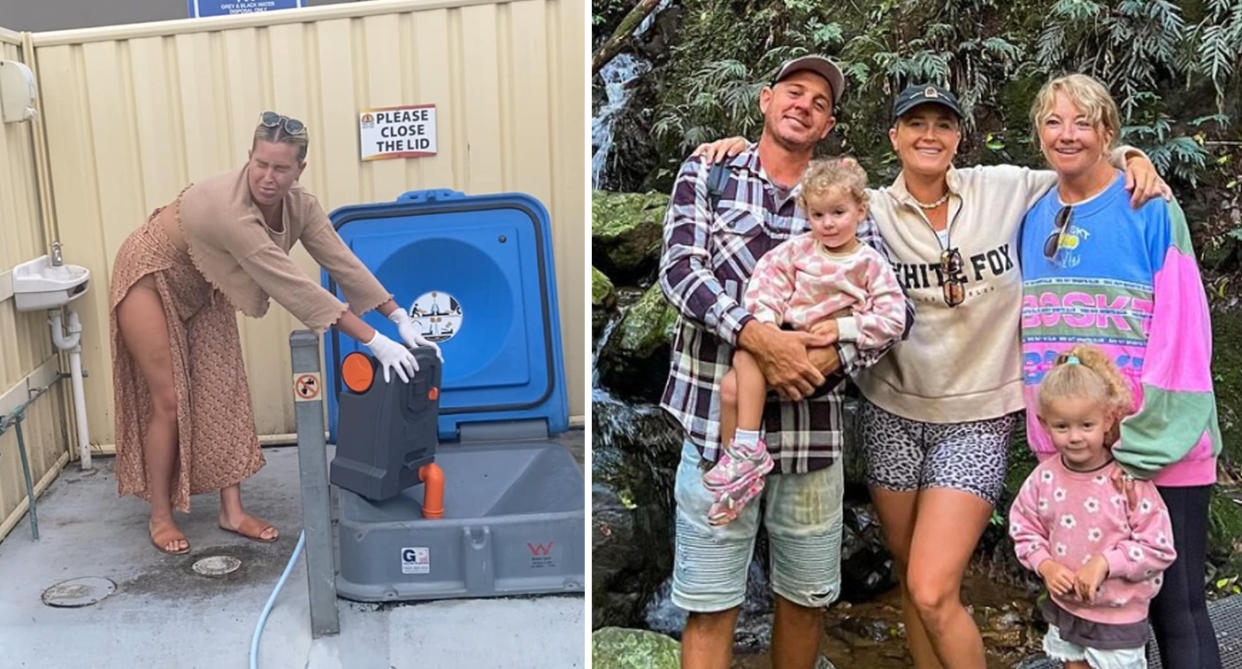 Brooke Goosen pulls a face of disgust as she pours the family's waste out of a cassette toilet and into the hole (left). She smiles with her partner, mum and two children on their travels (right). 