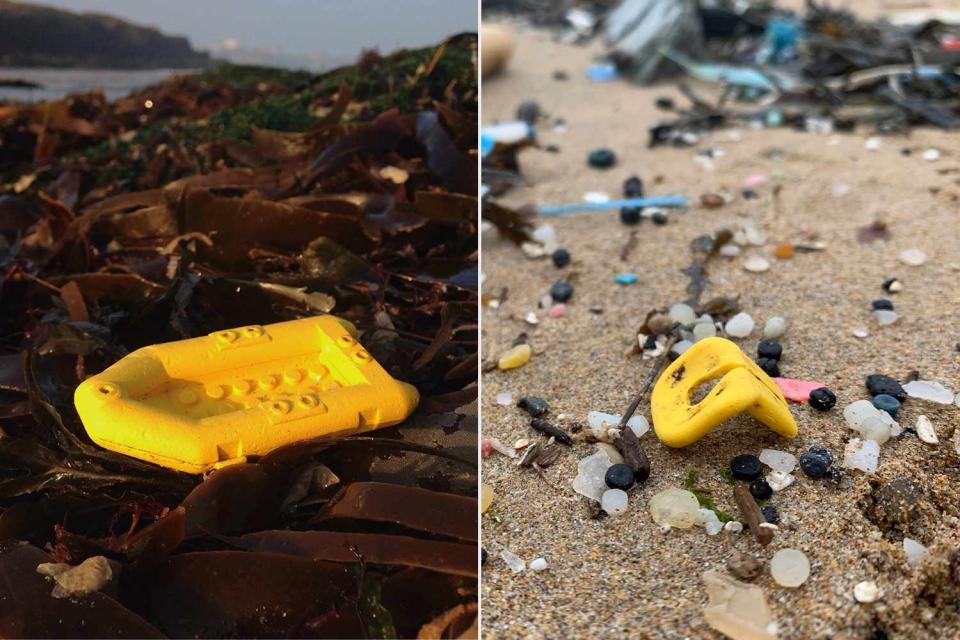 <p>Tracey Williams/Lego Lost At Sea</p> Lego life raft washed up in seaweed (left), Lego life vest on shore