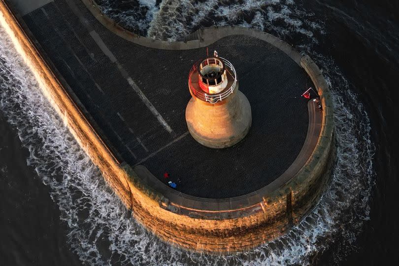 South Shields lighthouse after the top was ripped off, following Storm Babet