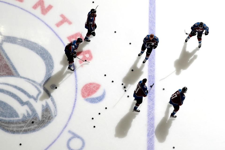 DENVER, COLORADO - MARCH 11: Members of the Colorado Avalanche skate prior to the game against the New York Rangers at Pepsi Center on March 11, 2020 in Denver, Colorado. (Photo by Michael Martin/NHLI via Getty Images)