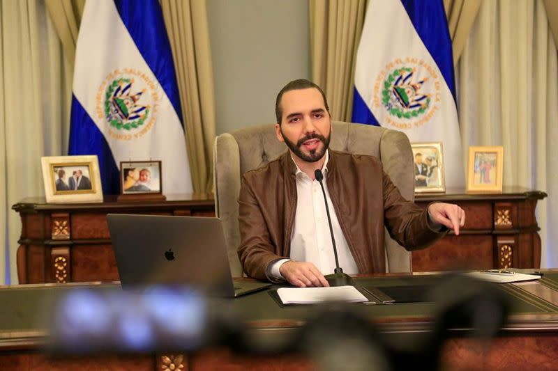 El Salvador's President Nayib Bukele speaks during a televised broadcast from the presidential house in San Salvador