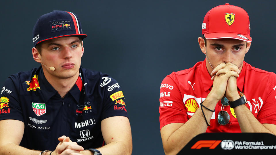 Max Verstappen, pictured left, angered Ferrari rival Charles Leclerc, right, with his 'cheating' comments after the USA Grand Prix.