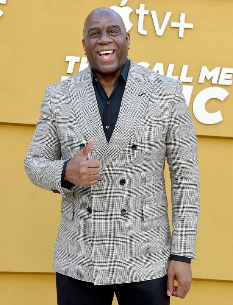 los angeles, california   april 14 magic johnson attends the los angeles premiere of apples they call me magic at regency village theatre on april 14, 2022 in los angeles, california photo by gregg deguirefilmmagic