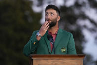 Jon Rahm, of Spain, celebrates winning the Masters golf tournament at Augusta National Golf Club on Sunday, April 9, 2023, in Augusta, Ga. (AP Photo/David J. Phillip)