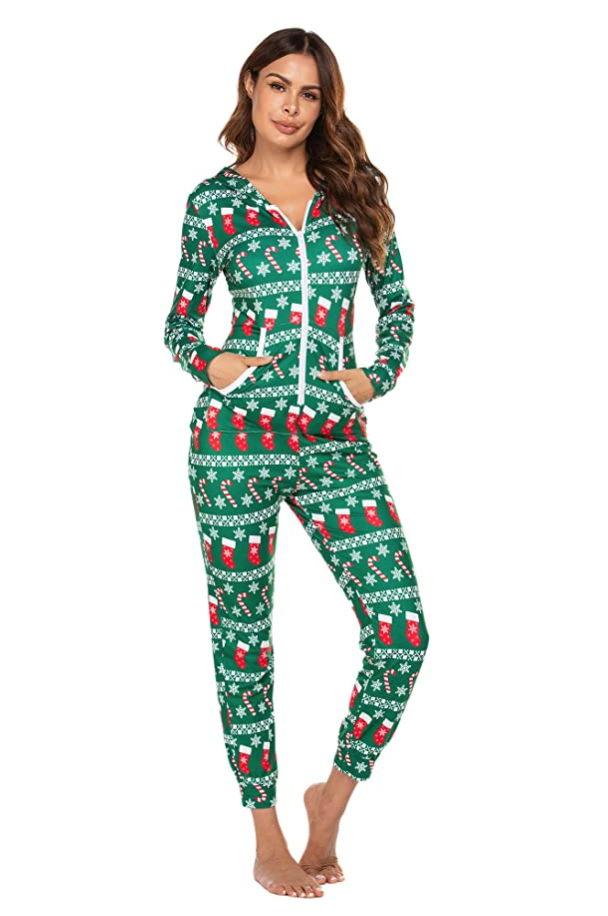 Thermal Underwear Christmas Union Jumpsuit One Piece Base Layers Hooded Sweatshirt Sleepwear for Women