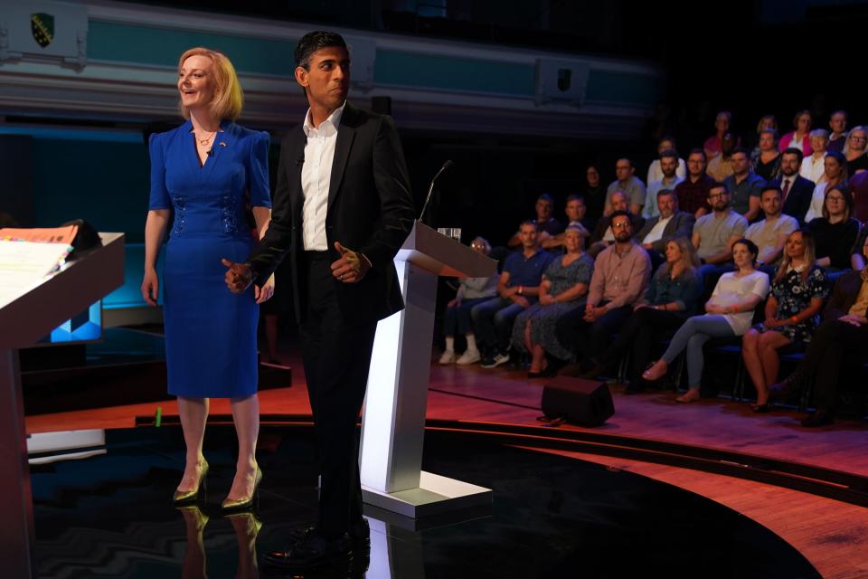 Rishi Sunak and Liz Truss take part in the BBC Leadership debate at Victoria Hall on 25 July 2022 in Hanley, England (Getty Images)
