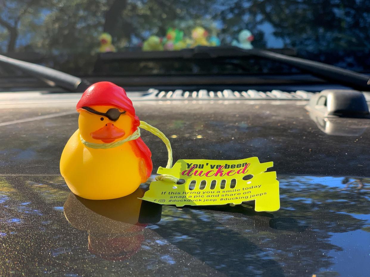 Duck, Duck, Jeep has long been a tradition among Jeep owners. Ducks like this one are left on the door handle for the Jeep owner to find with many displaying their prized ducks on the dashboard.