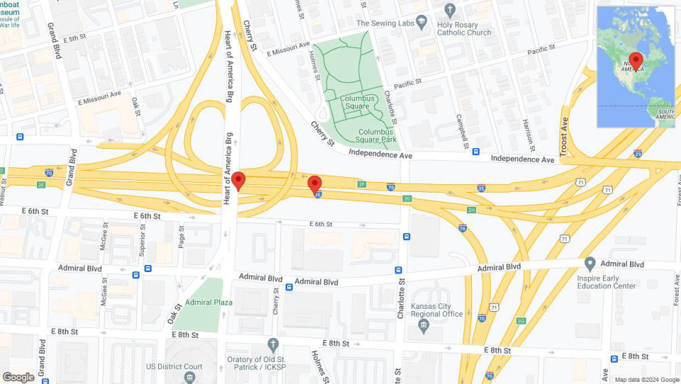 A detailed map that shows the affected road due to 'Broken down vehicle on eastbound I-70/I-35 in Kansas City' on January 6th at 9:56 p.m.