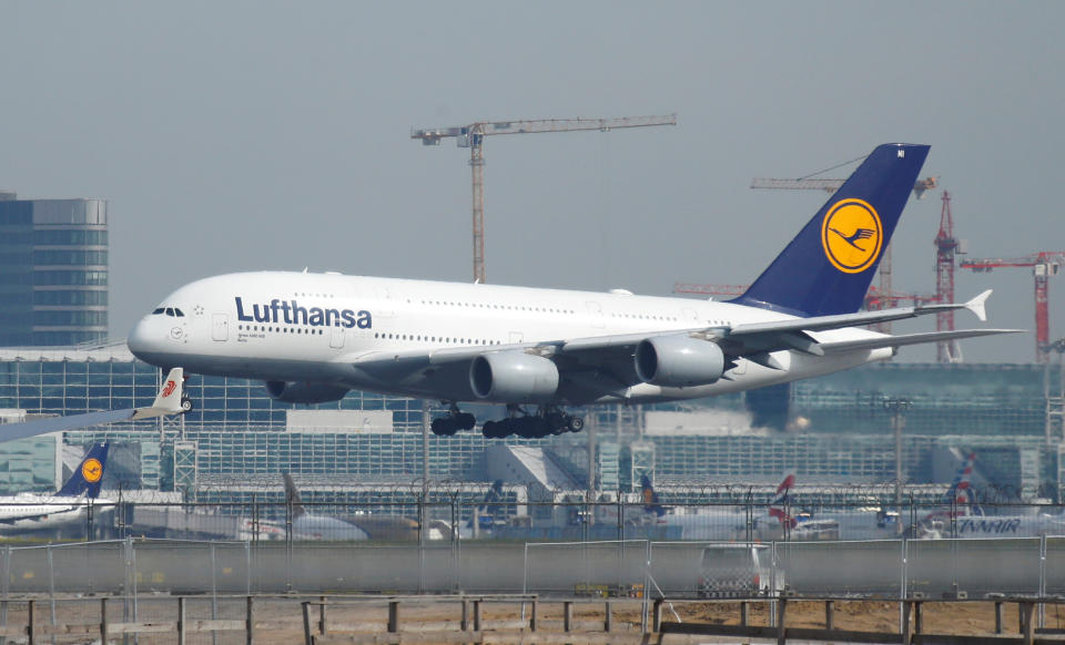 A Lufthansa Airbus A380-800 aircraft lands at Frankfurt Airport in Frankfurt, Germany April 29, 2019.     REUTERS/Ralph Orlowski