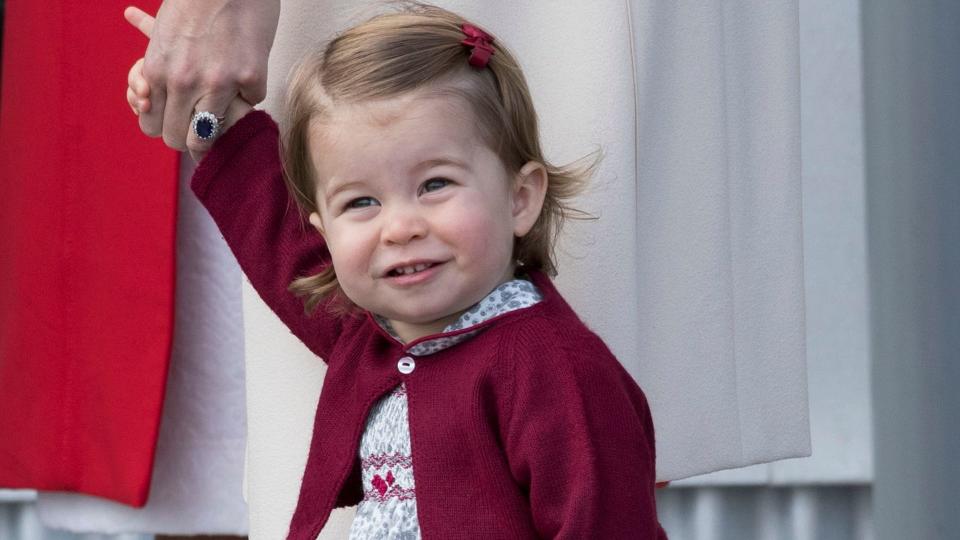 Princess Charlotte wearing blue dress, red cardigan and shoes in Canada, 2016