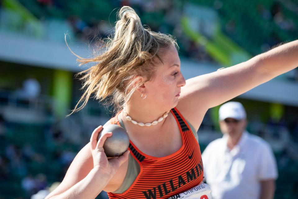 Willamina’s Hadley Hughes wins the 2A shot put during day two of the OSAA State Track and Field Championships Friday, May 17, 2024 at Hayward Field in Eugene, Ore.