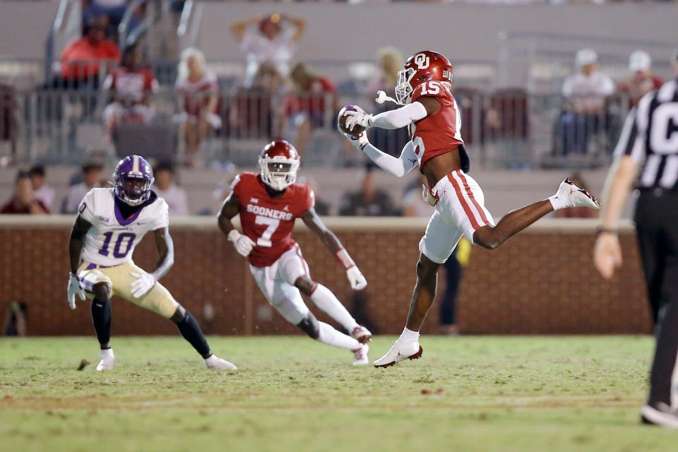 Bryson Washington, shown above intercepting a pass against Western Carolina earlier this season, has one of the Sooners' three interceptions through seven games. After interception 16 passes a year ago, OU's interception numbers have dropped dramatically in 2021.