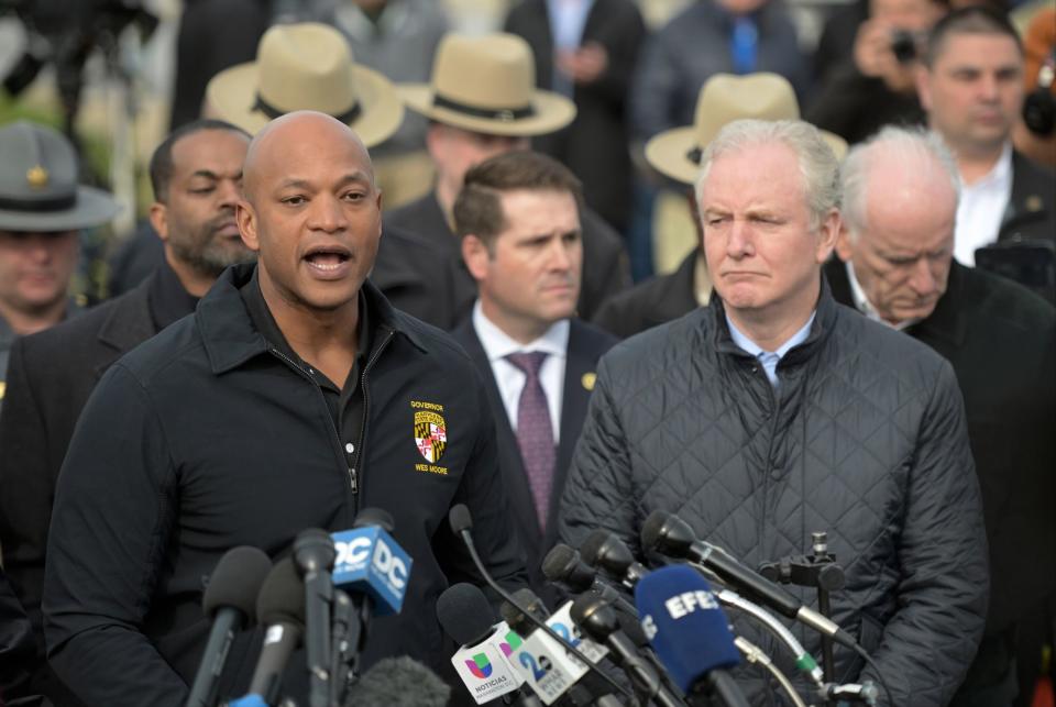 Maryland Governor Wes Moore (left) speaks during a news conference (AP)