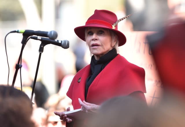 Jane Fonda speaks during a Fire Drill Fridays climate change rally in Los Angeles in February 2020 - Credit: Mirrorpix / MEGA.