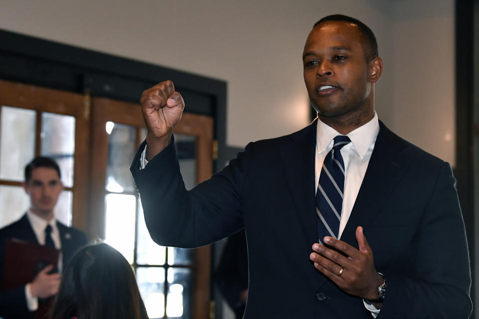 Kentucky Attorney General and Kentucky gubernatorial candidate Daniel Cameron speaks with supporters during a campaign stop in Richmond, Ky., Wednesday, May 3, 2023. (AP Photo/Timothy D. Easley)