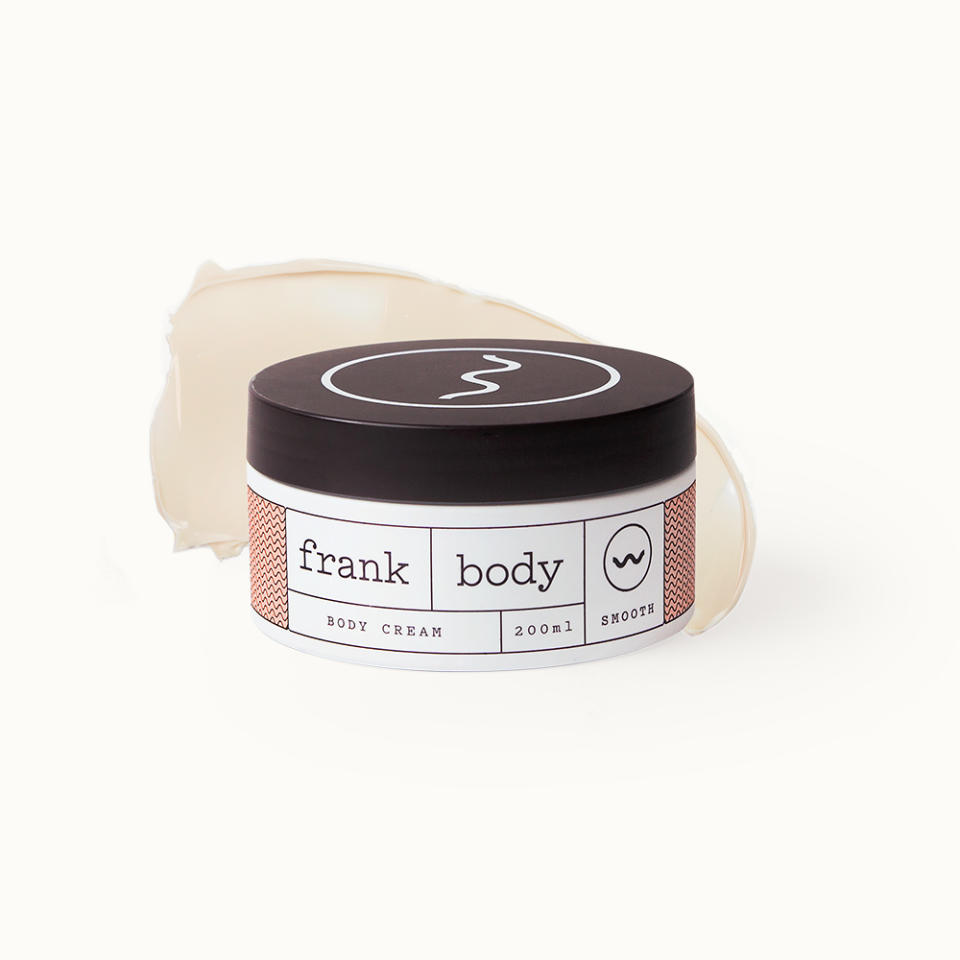 The Hydrating Body Cream contains ground skin that smooths skin, cocoa and shea butters that promote supple skin and pomegranate that protects and nourishes. (PHOTO: Frank Body)  