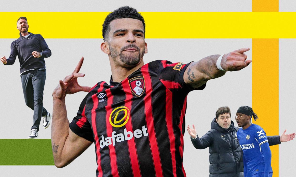 <span>From left: Luton manager Rob Edwards, Dominic Solanke of Bournemouth and Chelsea’s Mauricio Pochettino with Noni Madueke.</span><span>Composite: Getty/Shutterstock</span>