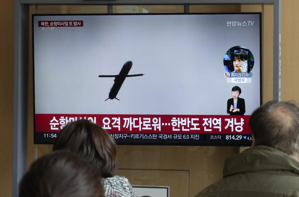 A TV screen shows a file image of North Korea's missile launch during a news program at the Seoul Railway Station in Seoul, South Korea, Tuesday, Jan. 30, 2024. North Korea fired multiple cruise missiles into waters off its western coast Tuesday in its third launch of such weapons this month, South Korea's military said, as the North continues to flaunt its expanding arsenal of weapons designed to overwhelm its rivals defenses. (AP Photo/Ahn Young-joon)