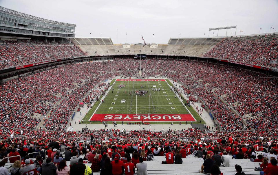 Apr 13, 2019; Columbus, OH, USA; Over 60,000 fans attend the Ohio State University Football Spring Game at Ohio Stadium. Mandatory Credit: Joe Maiorana-USA TODAY Sports