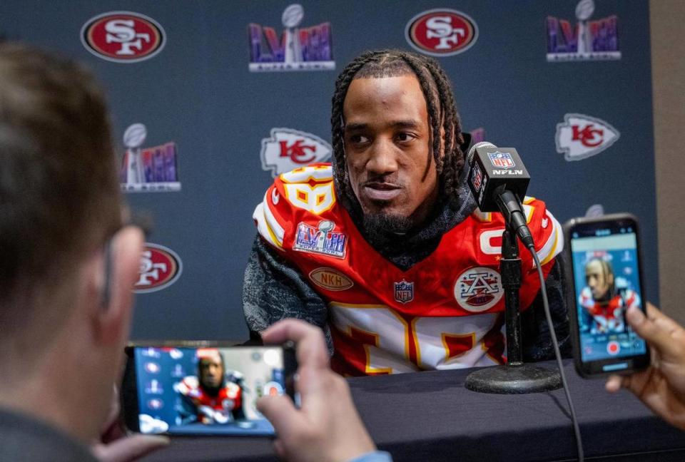 Kansas City Chiefs cornerback L’Jarius Sneed (38) answers questions during media availability at the team hotel in Henderson, Nev., on Thursday, Feb. 8, 2024, before Sunday’s Super Bowl LVIII.