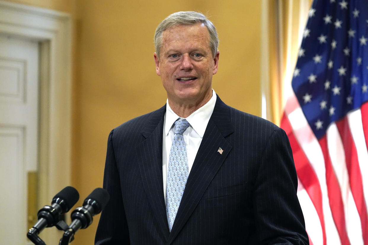 Republican Mass. Gov. Charlie Baker speaks with reporters during a news conference, Wednesday, Nov. 9, 2022, at the Statehouse, in Boston. Hours after she was elected governor of the state Healey met with Baker at the Statehouse to discuss the upcoming transfer of power. (AP Photo/Steven Senne)