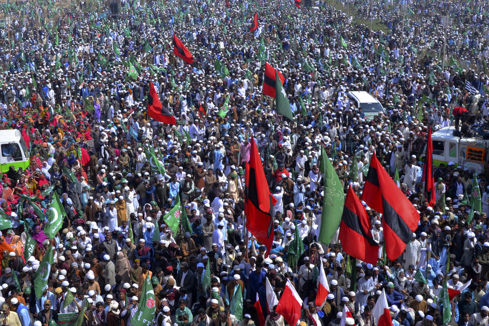 Supporters of the Grand Democratic Alliance attend a rally to protest against what they call vote-rigging in some constituencies in the parliamentary elections, on the outskirts of Hyderabad, Pakistan, Friday, Feb. 16, 2024. (AP Photo/Pervez Masih)