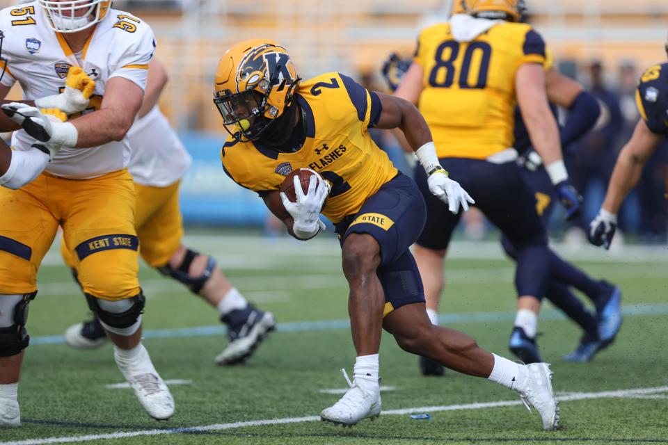 Running back Xavier Williams breaks free on a play during Kent State's 2023 spring game in April.
