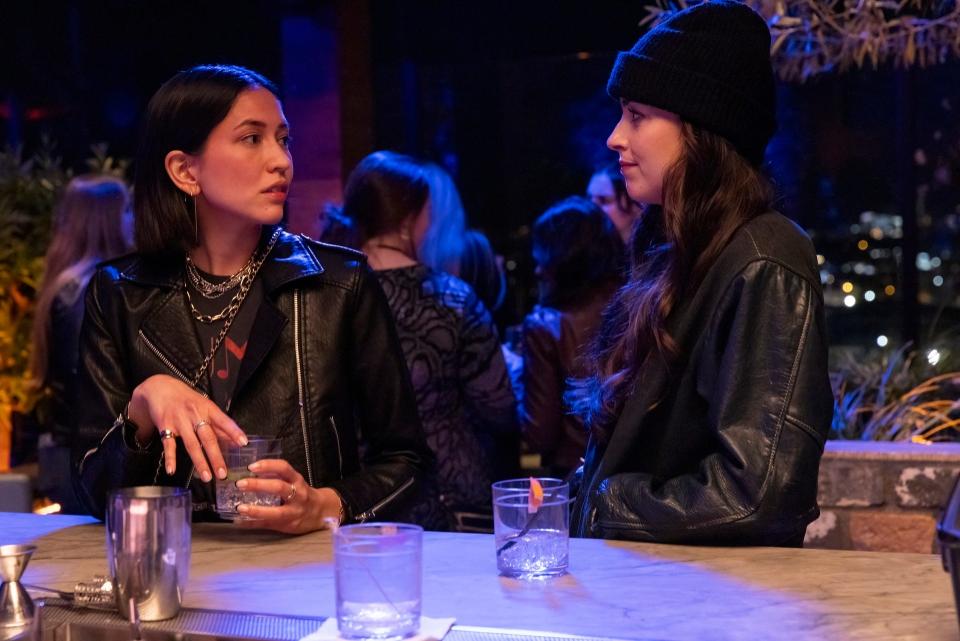 Jane (Sonoya Mizuno, left) and Lucy (Dakota Johnson) are best friends dealing with major life changes in "Am I OK?"