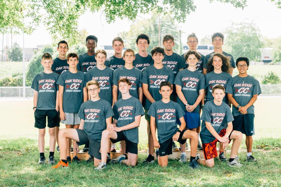 The Oak Ridge High School boys cross country team. Front row, from left, Mason Greenhalgh, Evan Biewer, Rhett Hovater, and Franklin Downs; 
middle row, Jonathan Tracey, Cooper Bell, Devin Slattery, Aaron Fiscor, Zachary Ibanez, Leonard Ehlers, Henry Landau, and Diego Wallace;
back row, Carson Brady, Ini Adeniyi, Jack Biewer, Joe Blair, Eddie Moore, Trey Branson, and Josh Belt.