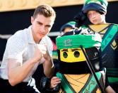 <p>Franco looked particularly fierce opposite one of the characters from the upcoming <em>LEGO Ninjago Movie</em>, to which he lends his voice, at Legoland. (Photo: Greg Doherty/Getty Images) </p>