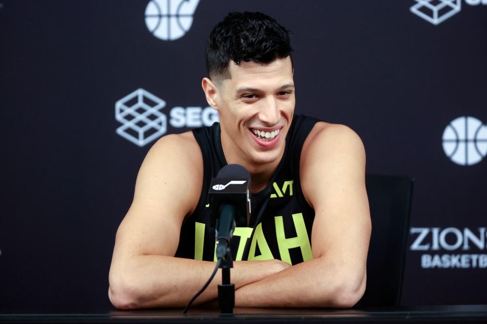 Forward Simone Fontecchio talks to members of the media during Utah Jazz media day at the Zions Bank Basketball Center in Salt Lake City on Monday, Oct. 2, 2023. | Kristin Murphy, Deseret News
