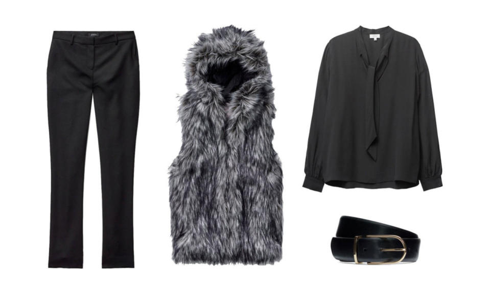 Try a tailored pant with a fur vest for a little va-va-voom  in your day-to-day attire or even for those special occasions (even if it’s not fashion week).