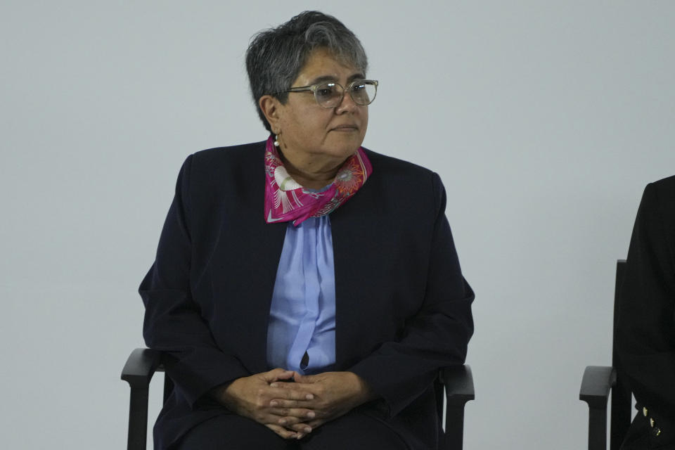 Raquel Buenrostro looks on during her presentation as the Internal Affairs Secretary during a press conference where incoming President Claudia Sheinbaum announced another six members of her Cabinet in Mexico City, Thursday, June 27, 2024. (AP Photo/Fernando Llano)