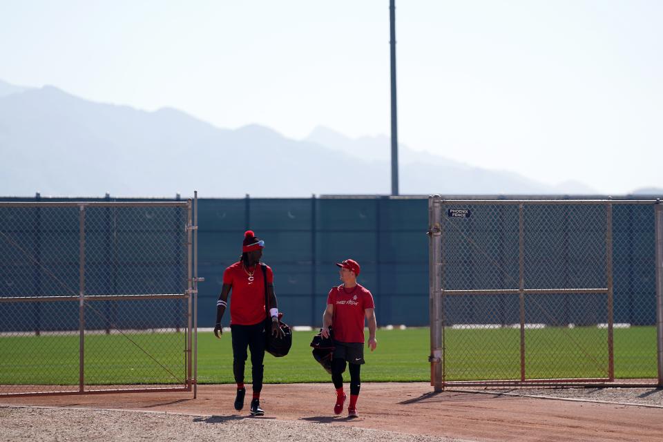 Matt McLain, at right with what was to be his double-play partner in shortstop Elly De La Cruz, is the latest player to suffer an injury that could potentially keep him off the Opening Day roster.