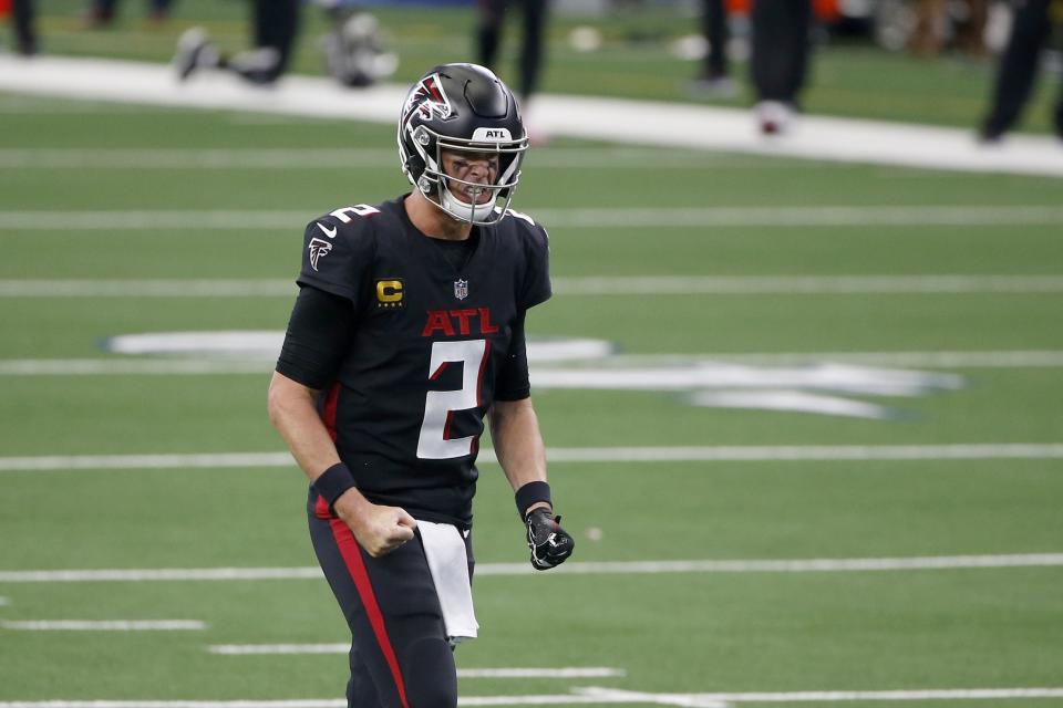 Atlanta Falcons quarterback Matt Ryan (2) celebrates after throwing a touchdown pass in the second half of an NFL football game against the Dallas Cowboys in Arlington, Texas, Sunday, Sept. 20, 2020. (AP Photo/Ron Jenkins)