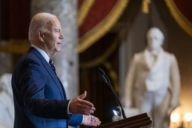 President Joe Biden speaks at the National Prayer Breakfast in Statuary Hall of the U.S. Capitol in Washington DC on Thursday. Every U.S. president since Dwight Eisenhower in 1953 has attended the annual breakfast. Photo by Shawn Thew/UPI