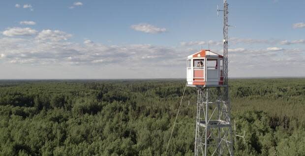 Kimberly Jackson gazes through binoculars in this undated photo. She is one of six wildfire lookouts featured in Fire Tower, Tova Krentzman's upcoming documentary.