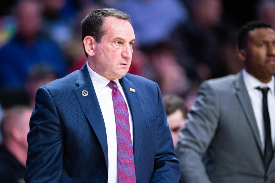 WINSTON-SALEM, NORTH CAROLINA - FEBRUARY 25: Head coach Mike Krzyzewski of the Duke Blue Devils during the first half during their game against the Wake Forest Demon Deacons at LJVM Coliseum Complex on February 25, 2020 in Winston-Salem, North Carolina. (Photo by Jacob Kupferman/Getty Images)